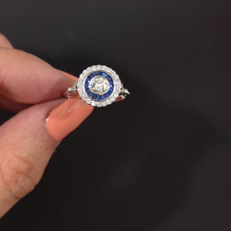 OLD EUROPEAN CUT DIAMOND SAPPHIRE COCKTAIL RING VINTAGE STYLE HALO WHITE GOLD