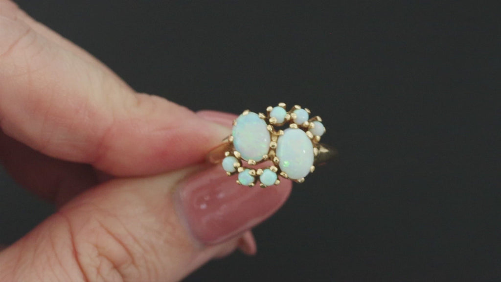 VINTAGE AUSTRALIAN OPAL COCKTAIL RING 14k YELLOW GOLD NATURAL TOI ET MOI ESTATE