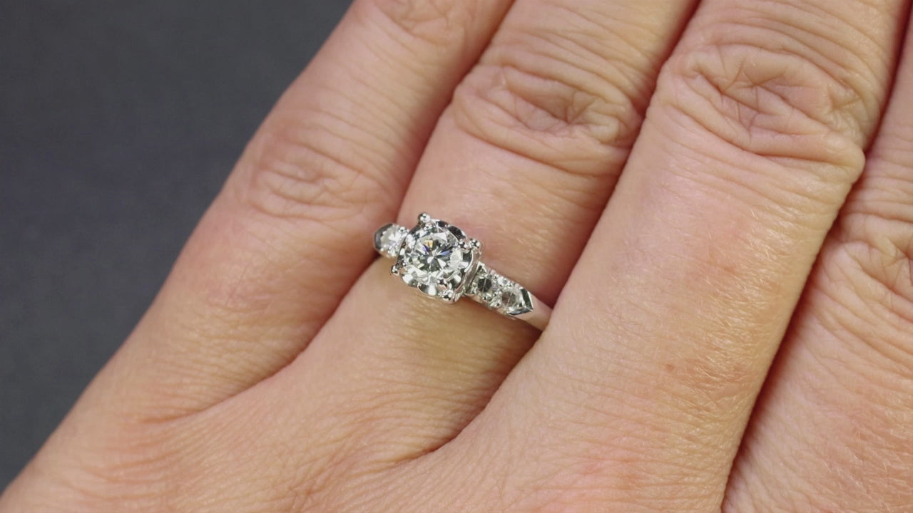 MIDCENTURY VINTAGE DIAMOND ENGAGEMENT RING 14k WHITE GOLD NATURAL ESTATE ROUND