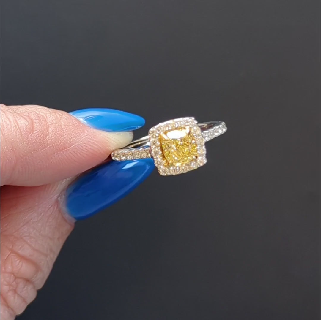 FANCY YELLOW DIAMOND ENGAGEMENT RING HALO 18k WHITE GOLD 1ct GIA CERTIFIED VS1