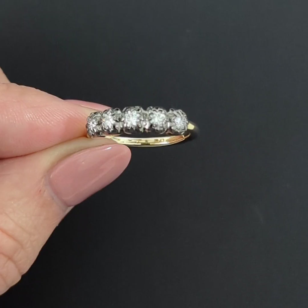 ANTIQUE STYLE DIAMOND WEDDING RING 14k YELLOW GOLD BAND 5 STONE VICTORIAN COLLET