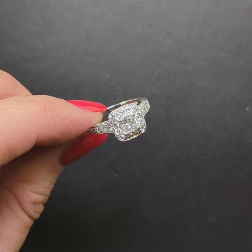 PRINCESS CUT DIAMOND ENGAGEMENT RING CUSHION HALO VINTAGE STYLE 14k WHITE GOLD