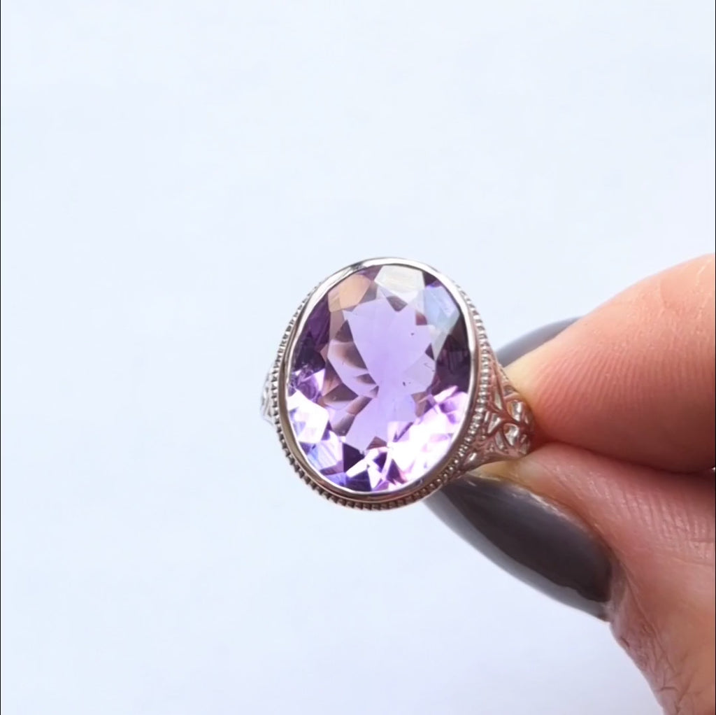 AMETHYST STERLING SILVER RING VINTAGE STYLE OVAL FILIGREE PURPLE GEM SOLITAIRE