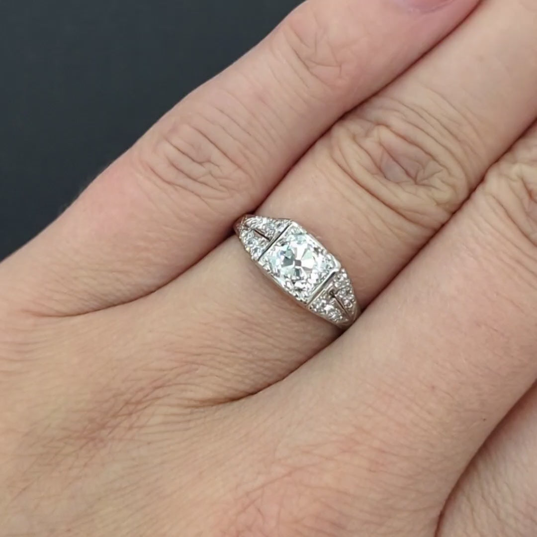 VINTAGE 1.40ct OLD MINE CUT DIAMOND ENGAGEMENT RING G-H SI1 PLATINUM ART DECO