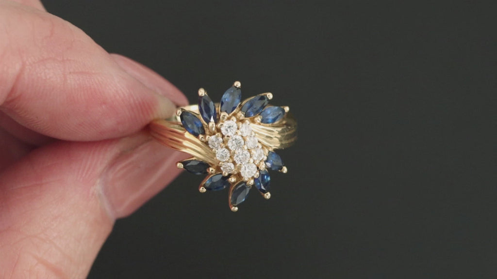 VINTAGE SAPPHIRE DIAMOND COCKTAIL RING CLUSTER BYPASS 14K YELLOW GOLD NATURAL