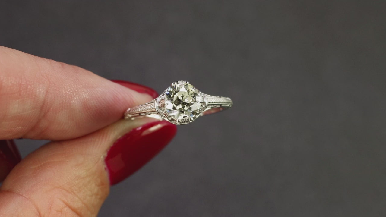 1ct OLD EUROPEAN CUT DIAMOND ENGAGEMENT RING VINTAGE STYLE WHITE GOLD SOLITAIRE