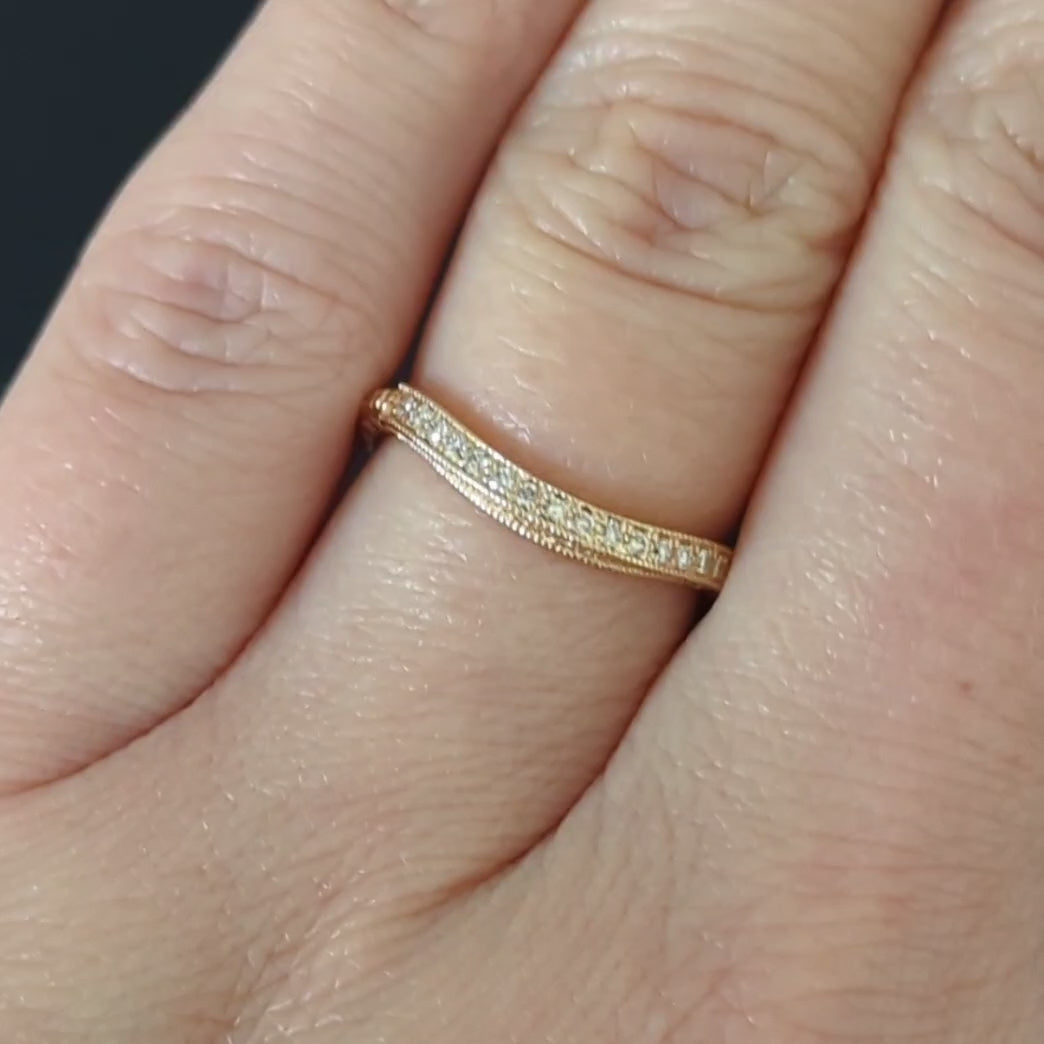 CURVED DIAMOND WEDDING BAND VINTAGE STYLE RING 14K YELLOW GOLD ART DECO NOTCHED
