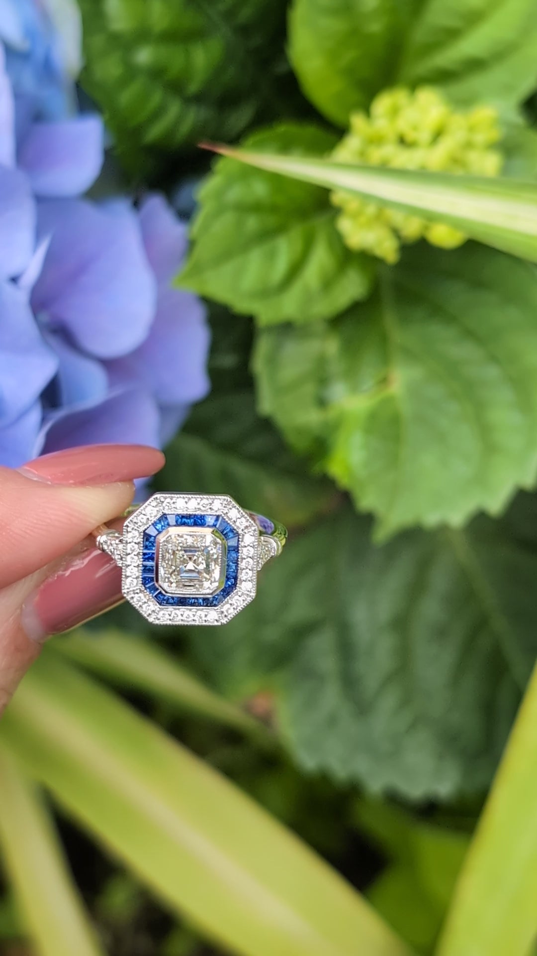 GIA CERTIFIED 1.20ct ASSCHER CUT DIAMOND RING BLUE SAPPHIRE HALO VINTAGE STYLE