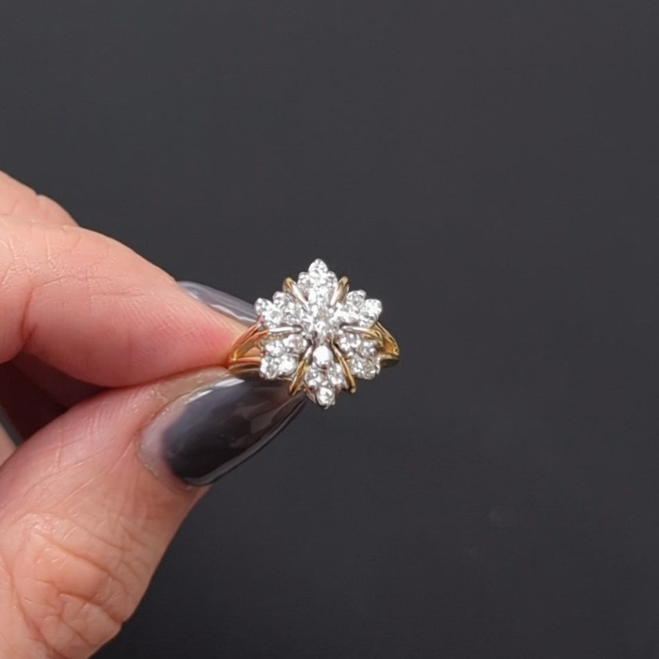 VINTAGE DIAMOND CLUSTER COCKTAIL RING F-G VS STAR FLOWER 14k YELLOW WHITE GOLD