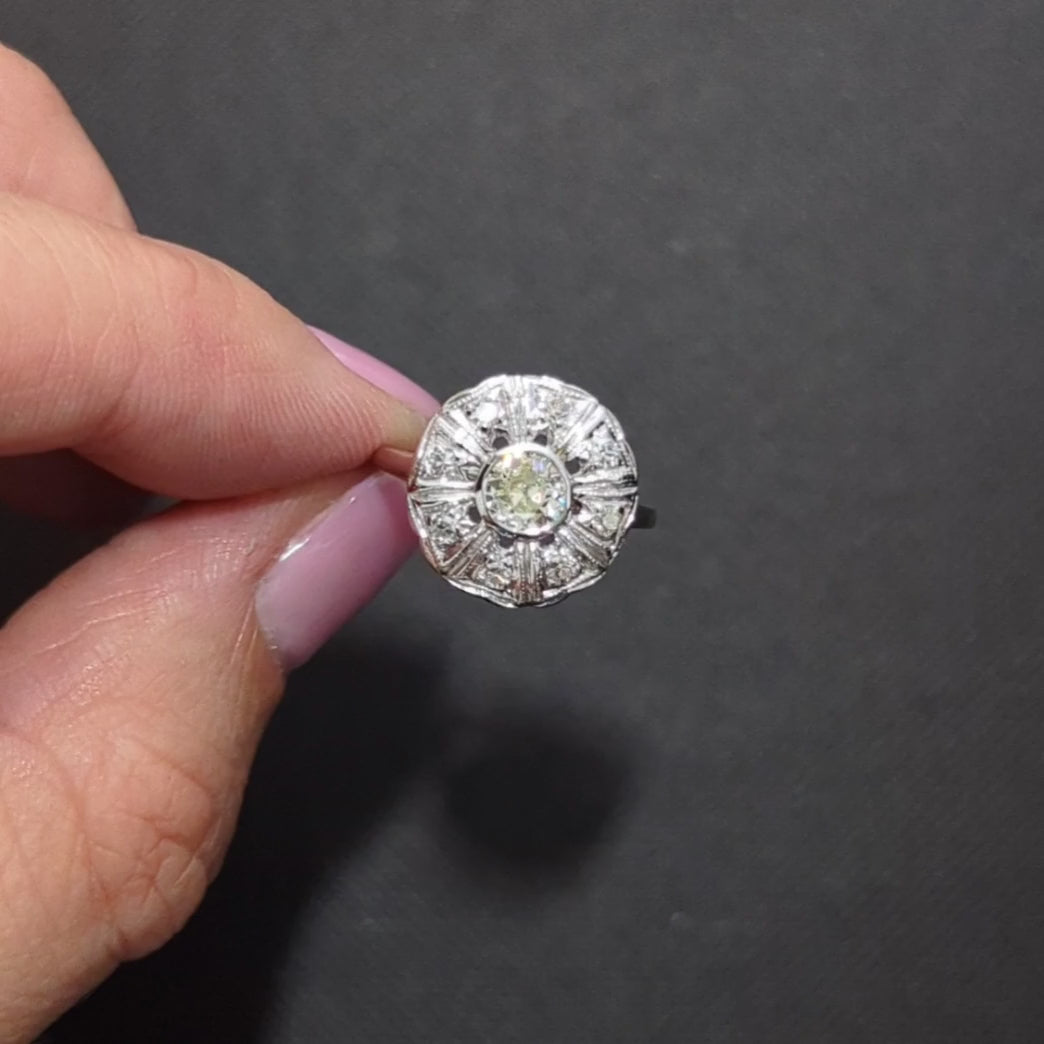 VINTAGE DIAMOND COCKTAIL RING OLD EUROPEAN CUT 0.72ct 14k WHITE GOLD CLUSTER