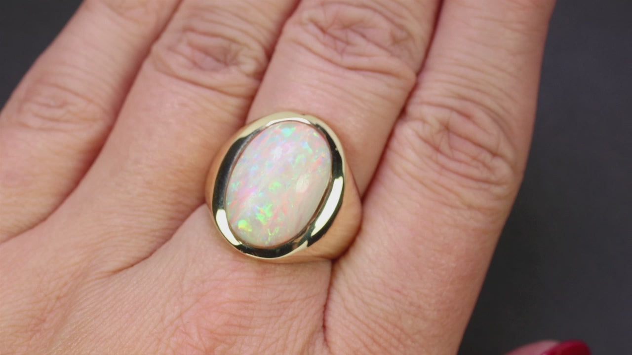 GIA CERTIFIED OPAL COCKTAIL SIGNET RING 10gm 14k YELLOW GOLD BIG OVAL STATEMENT