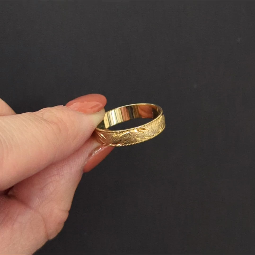 VINTAGE 14k YELLOW GOLD RING WEDDING BAND ENGRAVED BRUSH FINISH MILGRAIN ESTATE