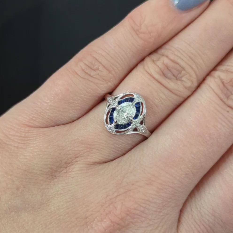 GIA CERTIFIED DIAMOND SAPPHIRE ENGAGEMENT RING ART DECO VINTAGE STYLE OVAL HALO