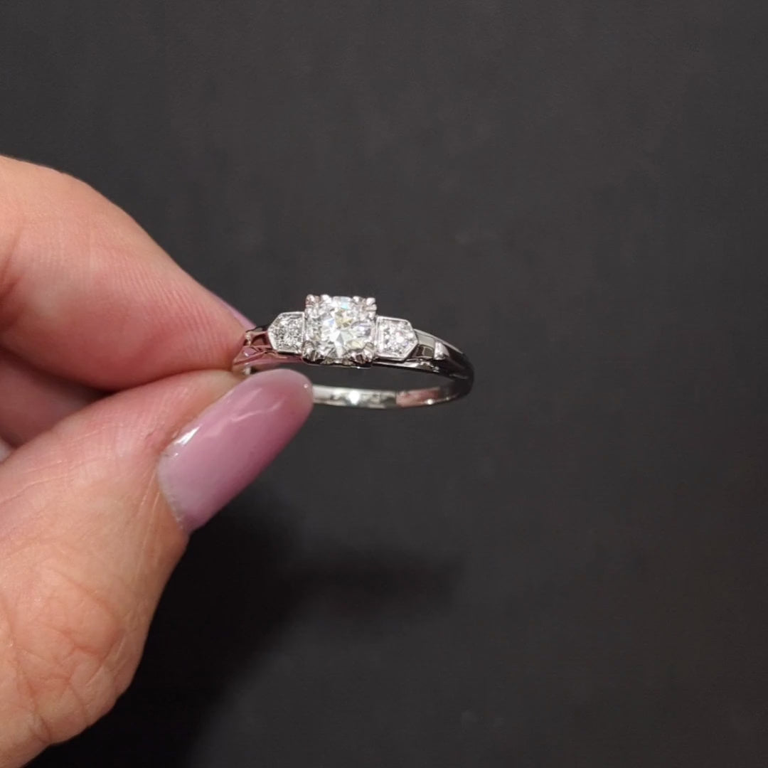 VINTAGE DIAMOND ENGAGEMENT RING G VS1 OLD EUROPEAN CUT WHITE GOLD NATURAL 1/2ct