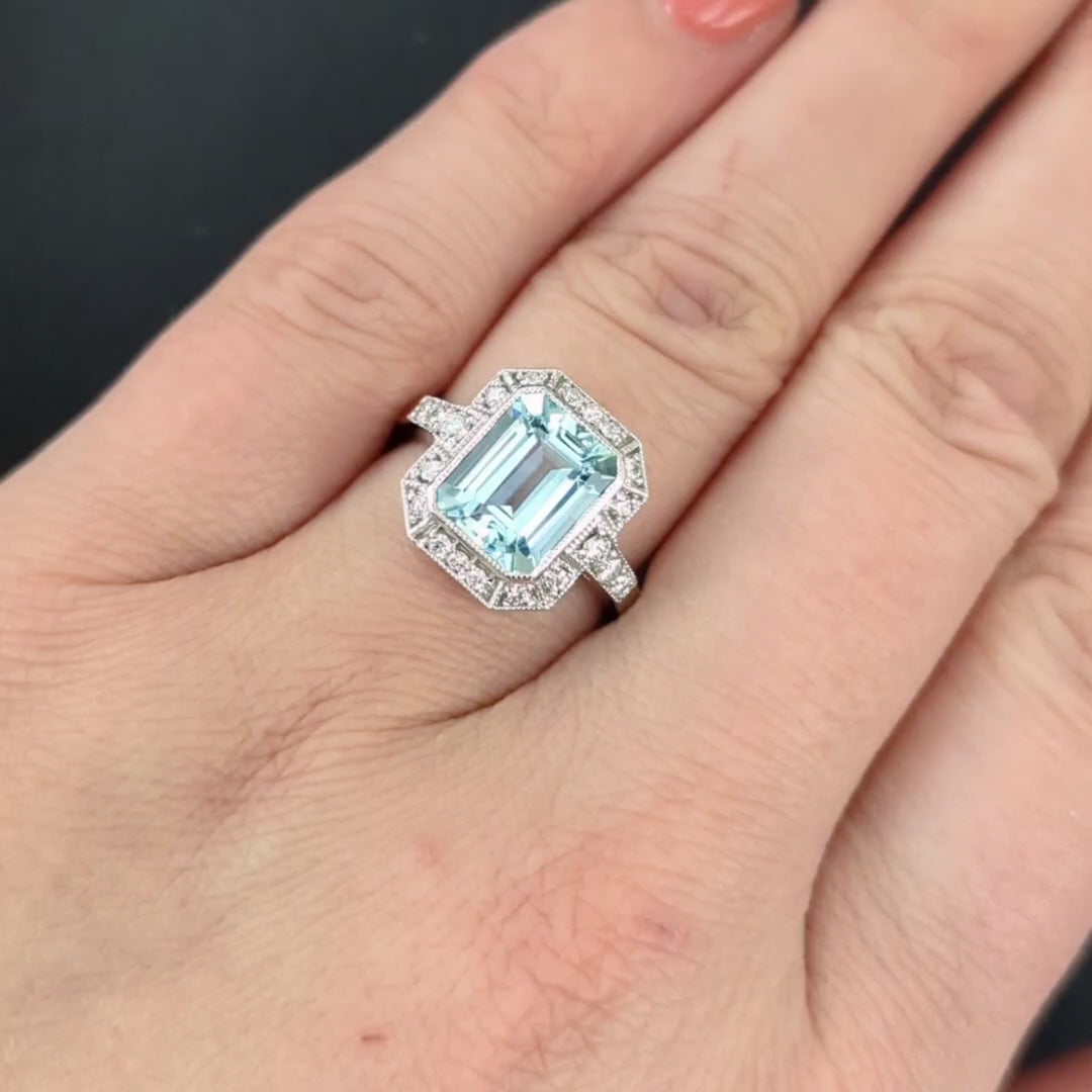 3ct AQUAMARINE DIAMOND COCKTAIL RING VINTAGE STYLE HALO PLATINUM EMERALD CUT