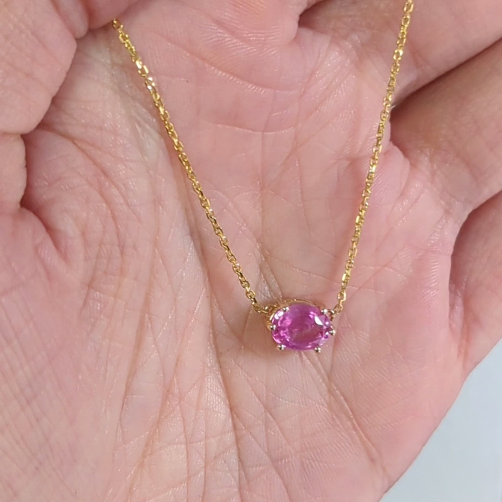 PINK SAPPHIRE PENDANT NECKLACE OVAL CUT EAST WEST 14k YELLOW GOLD NATURAL 1.64ct