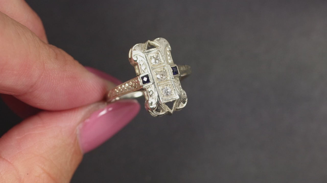 VINTAGE DIAMOND SAPPHIRE COCKTAIL RING ART DECO 18k WHITE GOLD NAVETTE FILIGREE