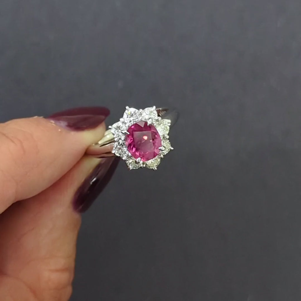 2.47ct PINK SAPPHIRE DIAMOND COCKTAIL RING VINTAGE PLATINUM HALO OVAL NATURAL