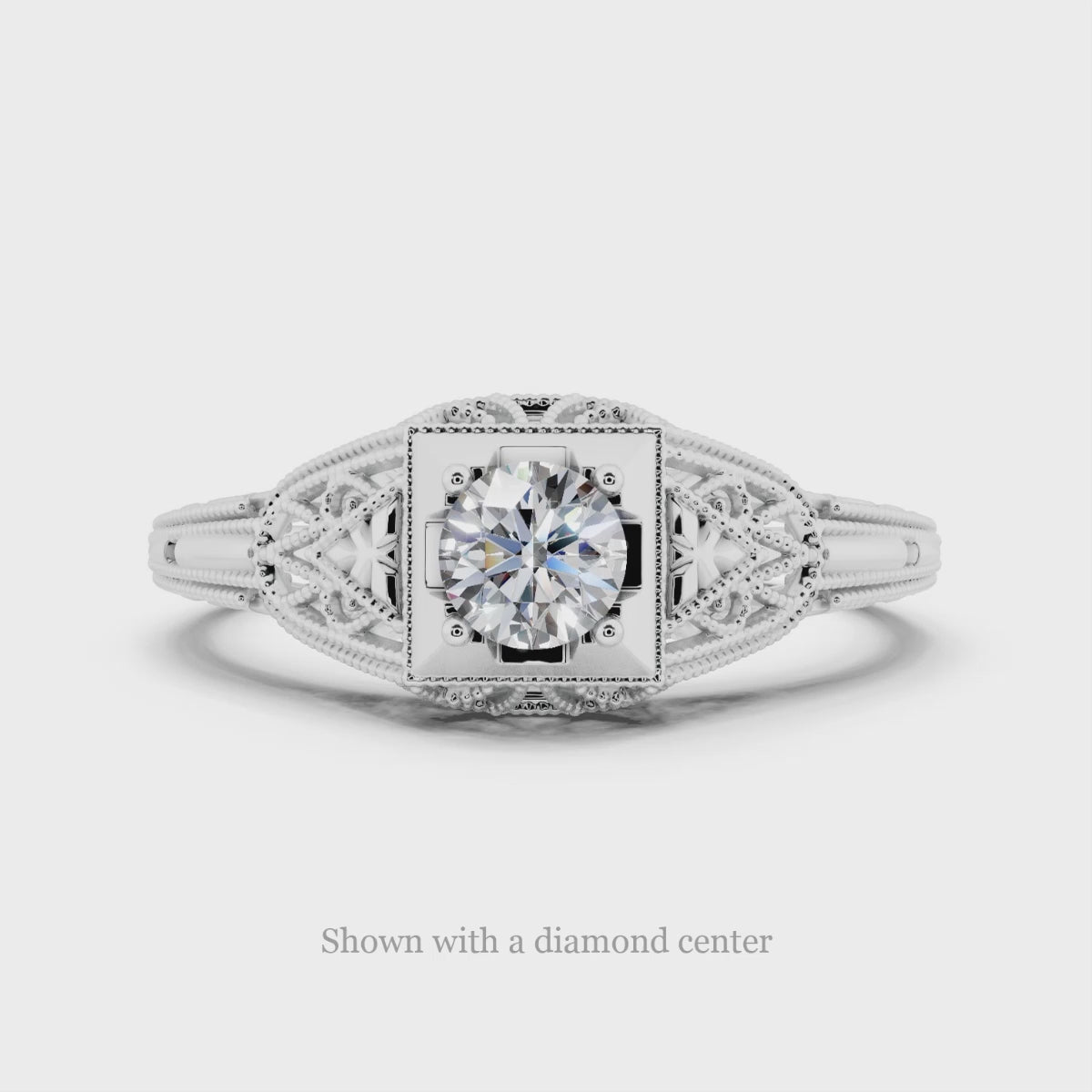 VINTAGE STYLE ART DECO SEMI MOUNT ROUND SETTING RING 14K WHITE GOLD FILIGREE