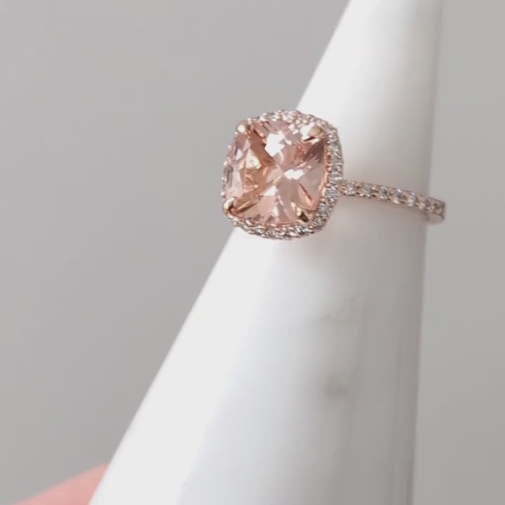 9MM PINK MORGANITE 1/2c DIAMOND CUSHION CUT HALO ENGAGEMENT RING PLATINUM PAVE