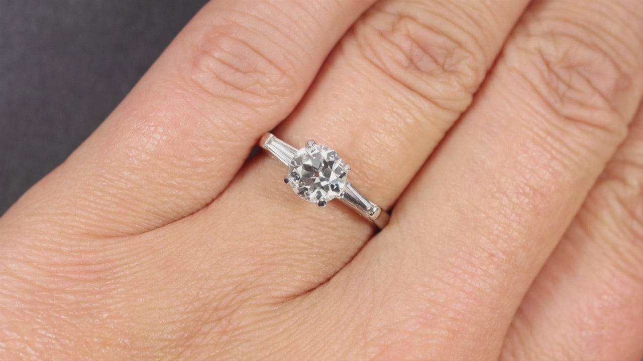 1.37ct VINTAGE DIAMOND ENGAGEMENT RING F SI2 OLD EUROPEAN CUT PLATINUM 3 STONE