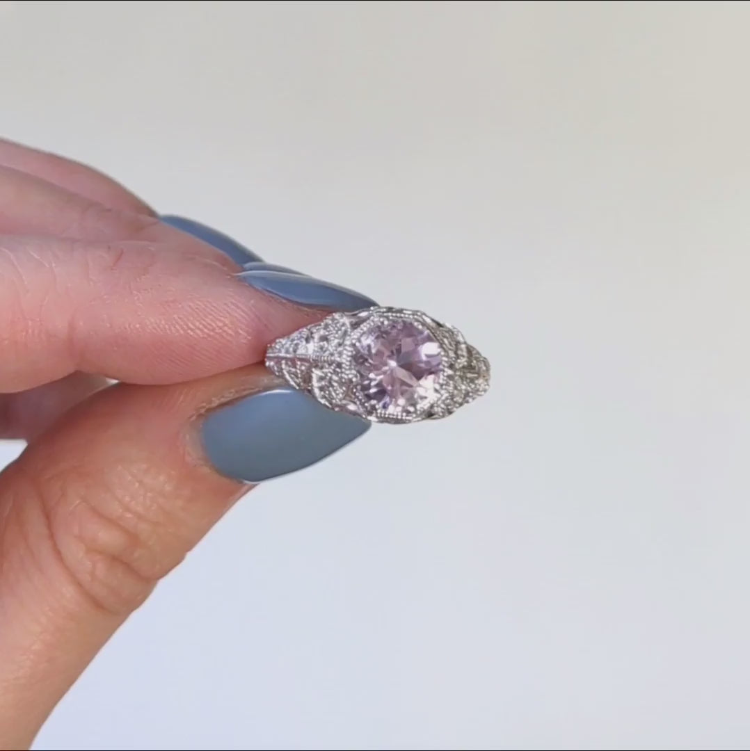 PINK AMETHYST VINTAGE STYLE SOLITAIRE RING STERLING SILVER FILIGREE ART DECO