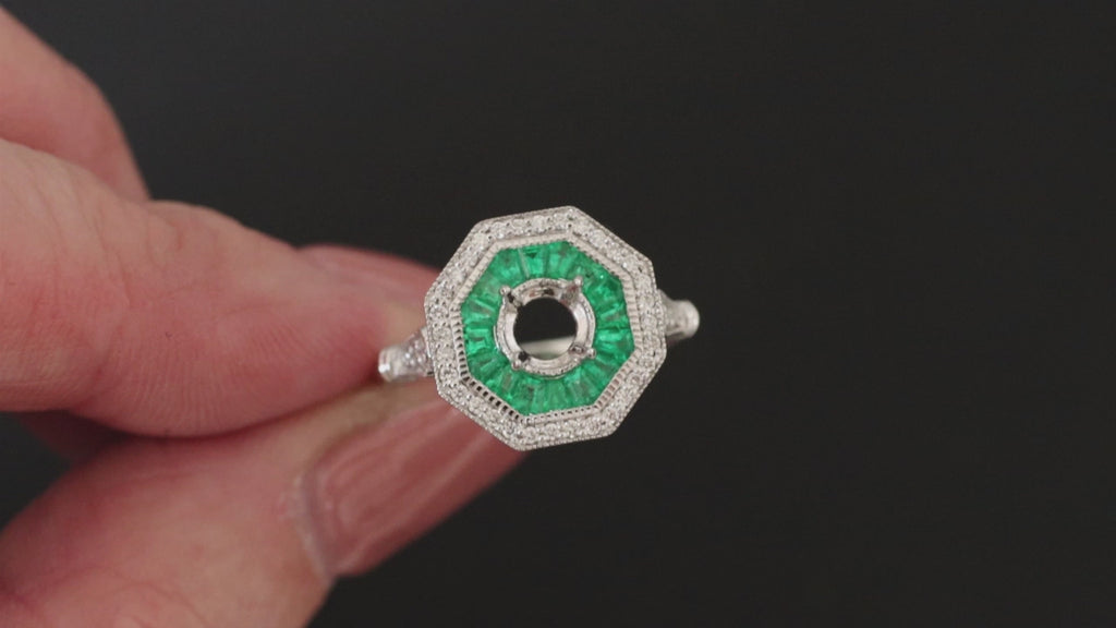 DIAMOND EMERALD RING SETTING 5mm ROUND MOUNT WHITE GOLD VINTAGE STYLE ART DECO