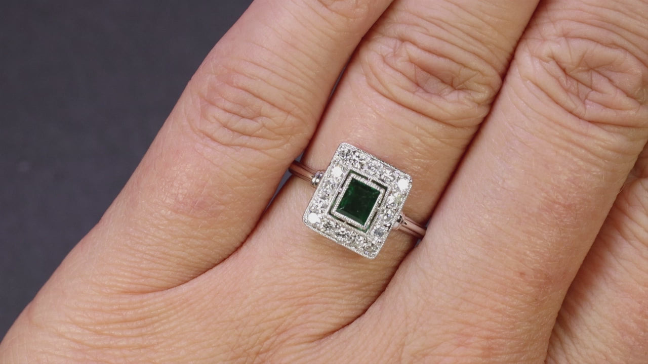 EMERALD DIAMOND COCKTAIL RING 14k WHITE GOLD HALO VINTAGE ESTATE RECTANGLE GREEN