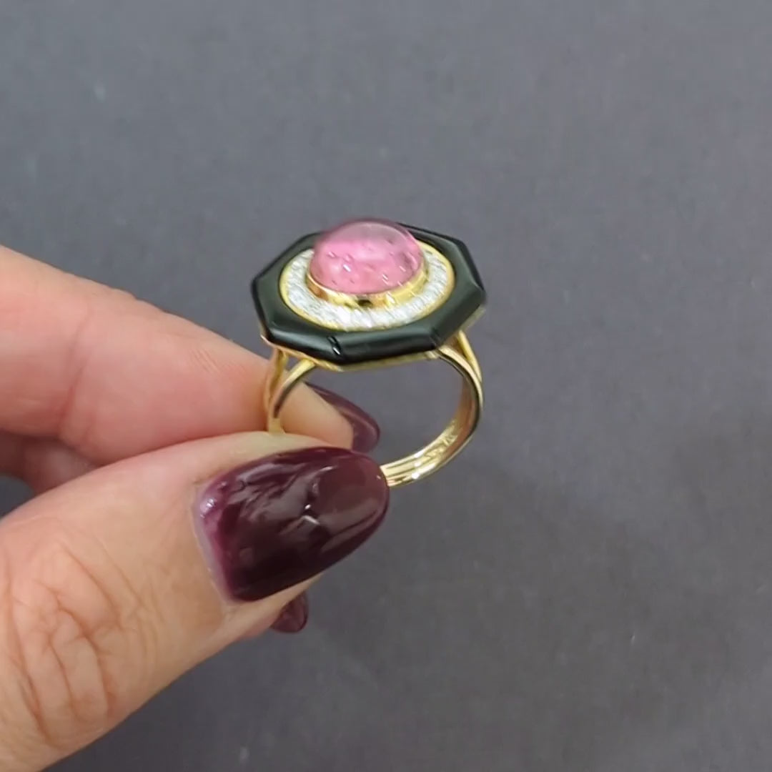 VINTAGE PINK TOURMALINE DIAMOND BLACK ONYX COCKTAIL RING 14k YELLOW GOLD OCTAGON