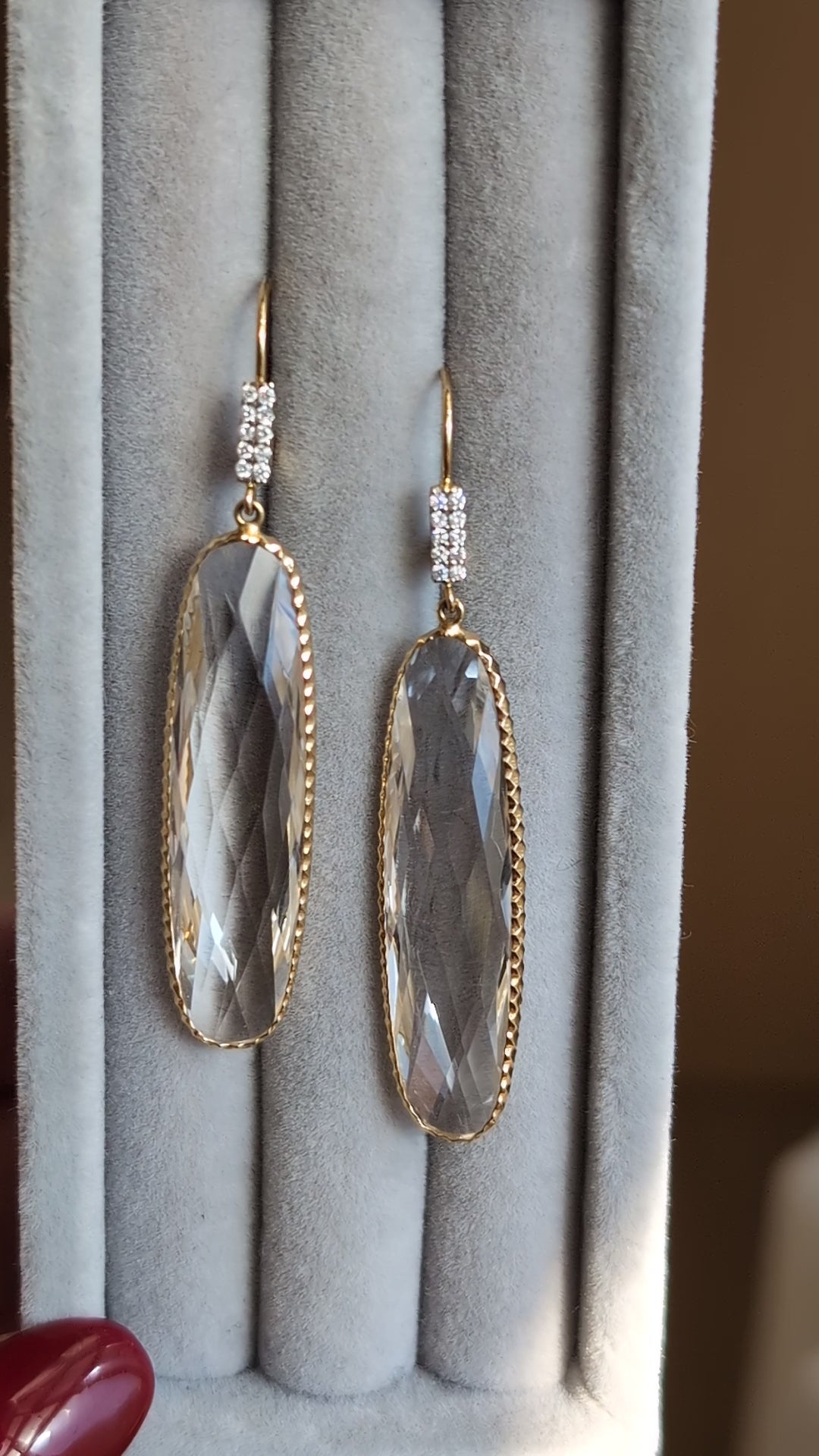 QUARTZ DIAMOND DANGLE EARRINGS 1.5 INCH LONG NATURAL 14k YELLOW GOLD DROP BIG