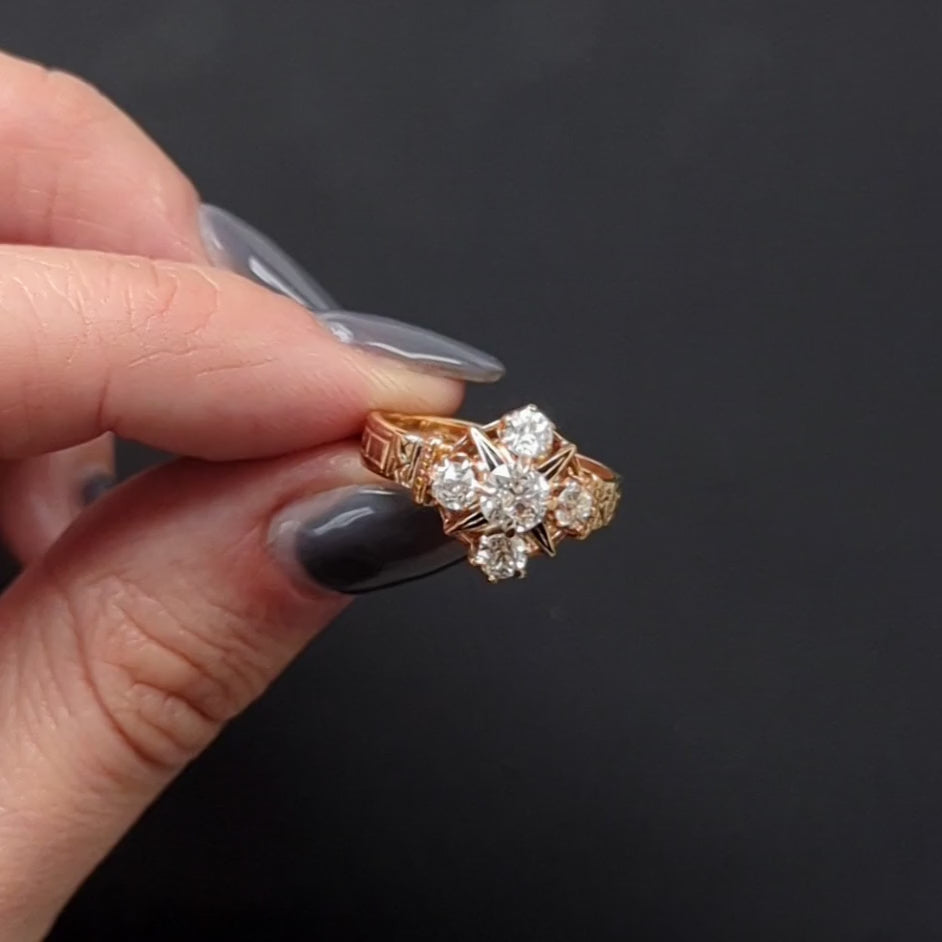 VICTORIAN DIAMOND RING ENGRAVED 1893 OLD MINE CUT ANTIQUE 14k YELLOW GOLD ENAMEL