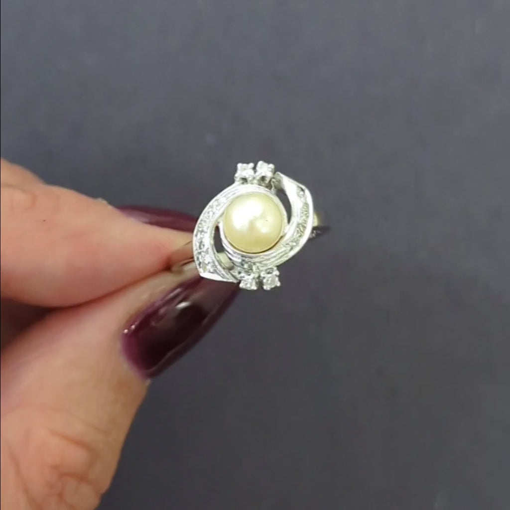 VINTAGE PEARL DIAMOND  RING MID CENTURY COCKTAIL 14k WHITE GOLD NATURAL BYPASS