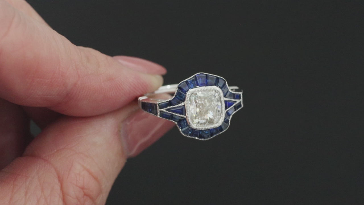 1.90ct DIAMOND SAPPHIRE ENGAGEMENT RING GIA CERTIFIED VINTAGE STYLE HALO CUSHION