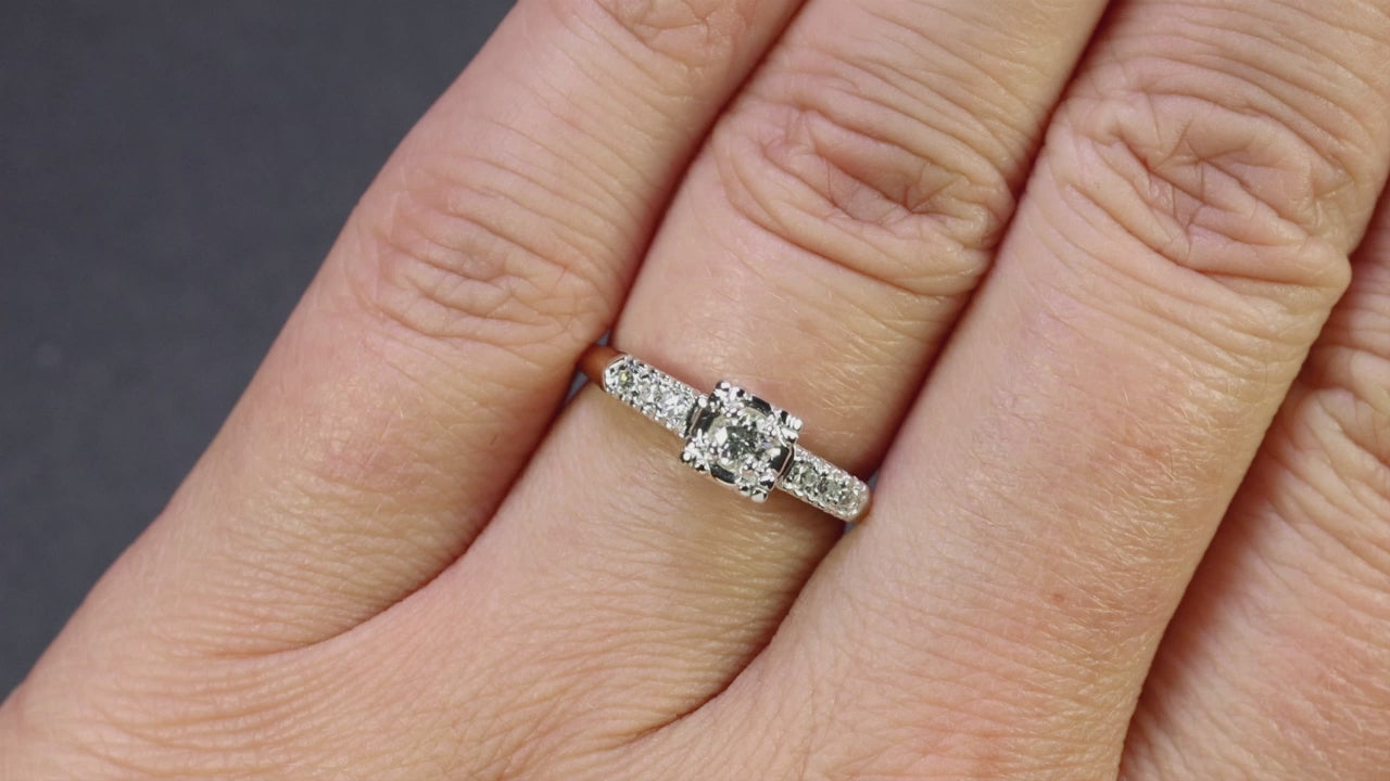VINTAGE DIAMOND ENGAGEMENT RING 14K TWO TONE GOLD ART DECO ILLUSION ESTATE ROUND