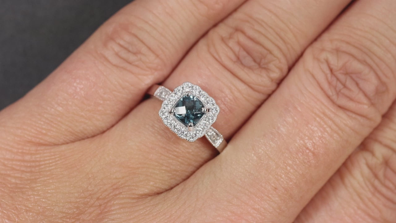 BLUE TOPAZ DIAMOND COCKTAIL RING 14k WHITE GOLD SCALLOP HALO NATURAL CUSHION