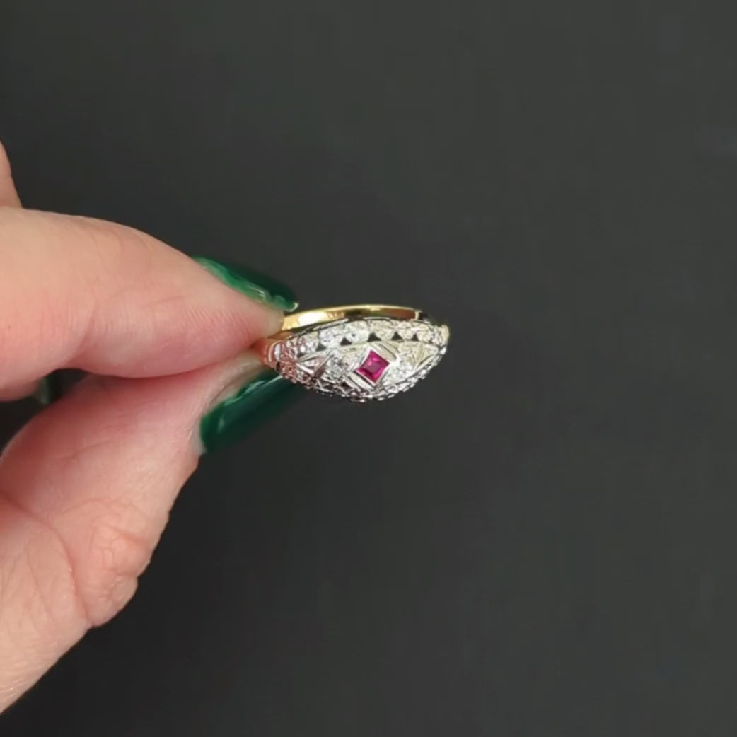 VINTAGE RUBY DIAMOND COCKTAIL RING TWO TONE 14k WHITE YELLOW GOLD ESTATE FLORAL