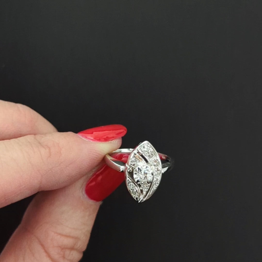 VINTAGE DIAMOND COCKTAIL RING NAVETTE SHAPE 14k WHITE GOLD NATURAL MID CENTURY