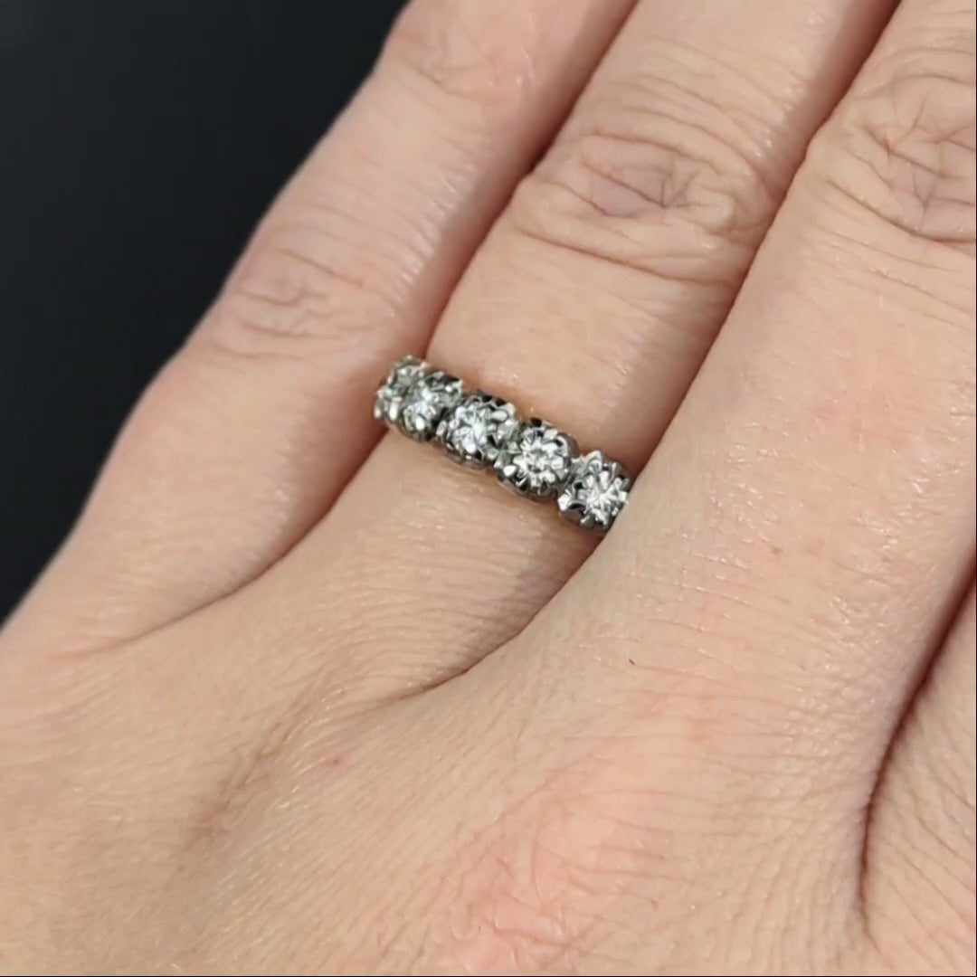 ANTIQUE STYLE DIAMOND WEDDING RING PLATINUM BAND 5 STONE VICTORIAN COLLET