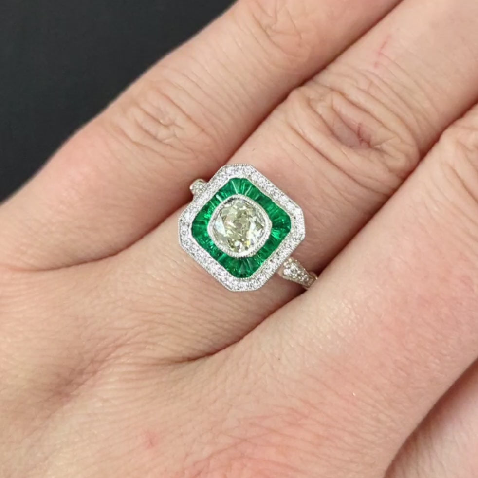 OLD MINE CUT DIAMOND EMERALD COCKTAIL RING VINTAGE STYLE WHITE GOLD CALIBRE HALO