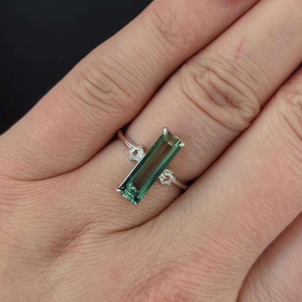 TOURMALINE DIAMOND COCKTAIL RING TEAL LONG EMERALD CUT 14k WHITE GOLD BLUE GREEN