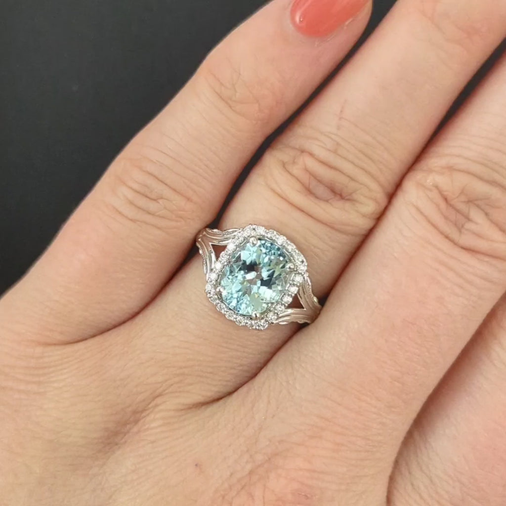 2.5ct AQUAMARINE DIAMOND COCKTAIL RING VINTAGE STYLE HALO 14k WHITE GOLD CUSHION