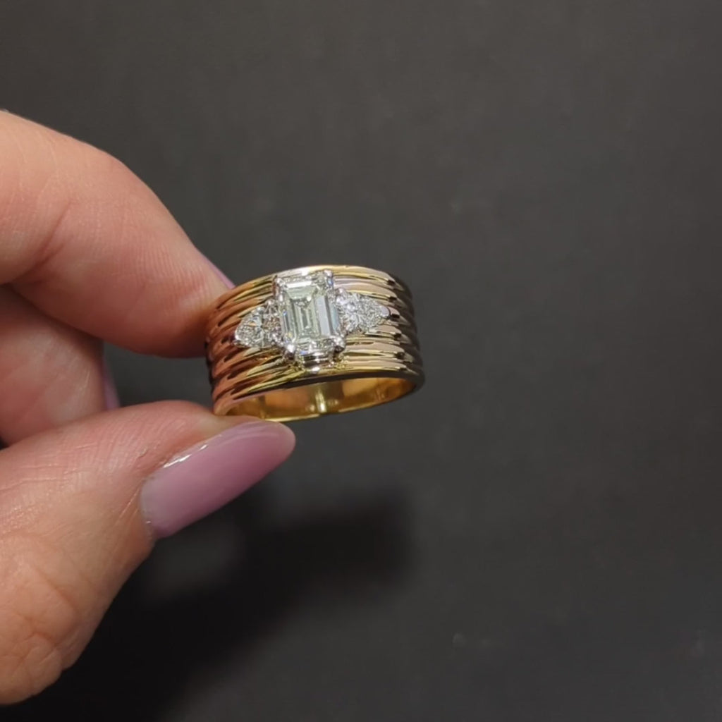 1.65ct VINTAGE DIAMOND COCKTAIL RING 18k YELLOW GOLD 3 STONE WIDE CIGAR BAND
