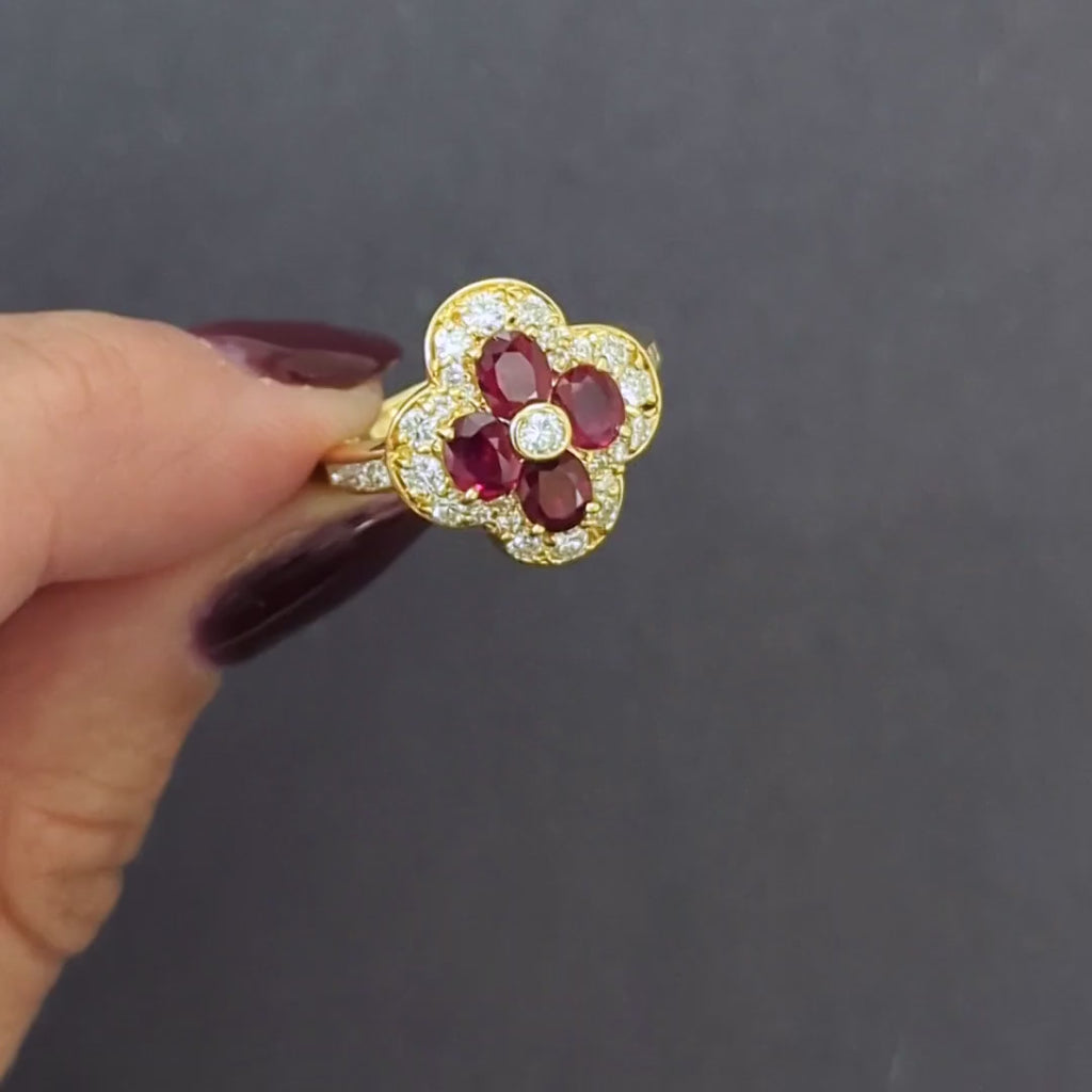 2.51ct RUBY DIAMOND COCKTAIL RING 18k YELLOW GOLD CLOVER SHAPE CLUSTER NATURAL