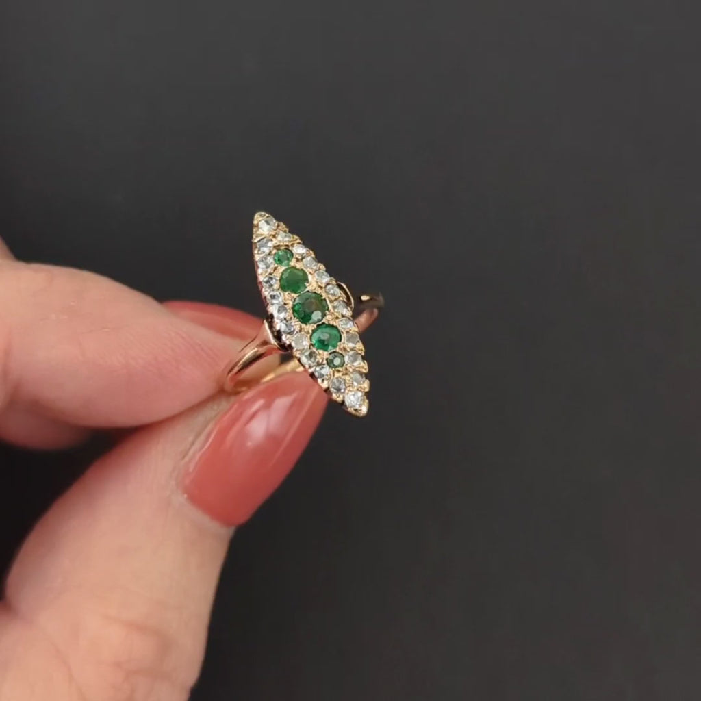 ANTIQUE NAVETTE RING EMERALD DIAMOND ART NOUVEAU 14k ROSE GOLD COCKTAIL NATURAL