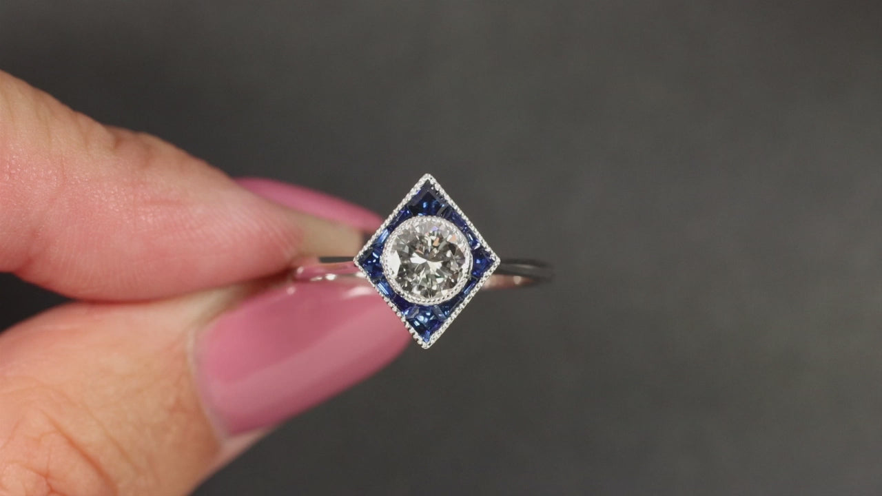 DIAMOND SAPPHIRE RING GIA CERTIFIED E SI1 COCKTAIL 14k WHITE GOLD GEOMETRIC HALO