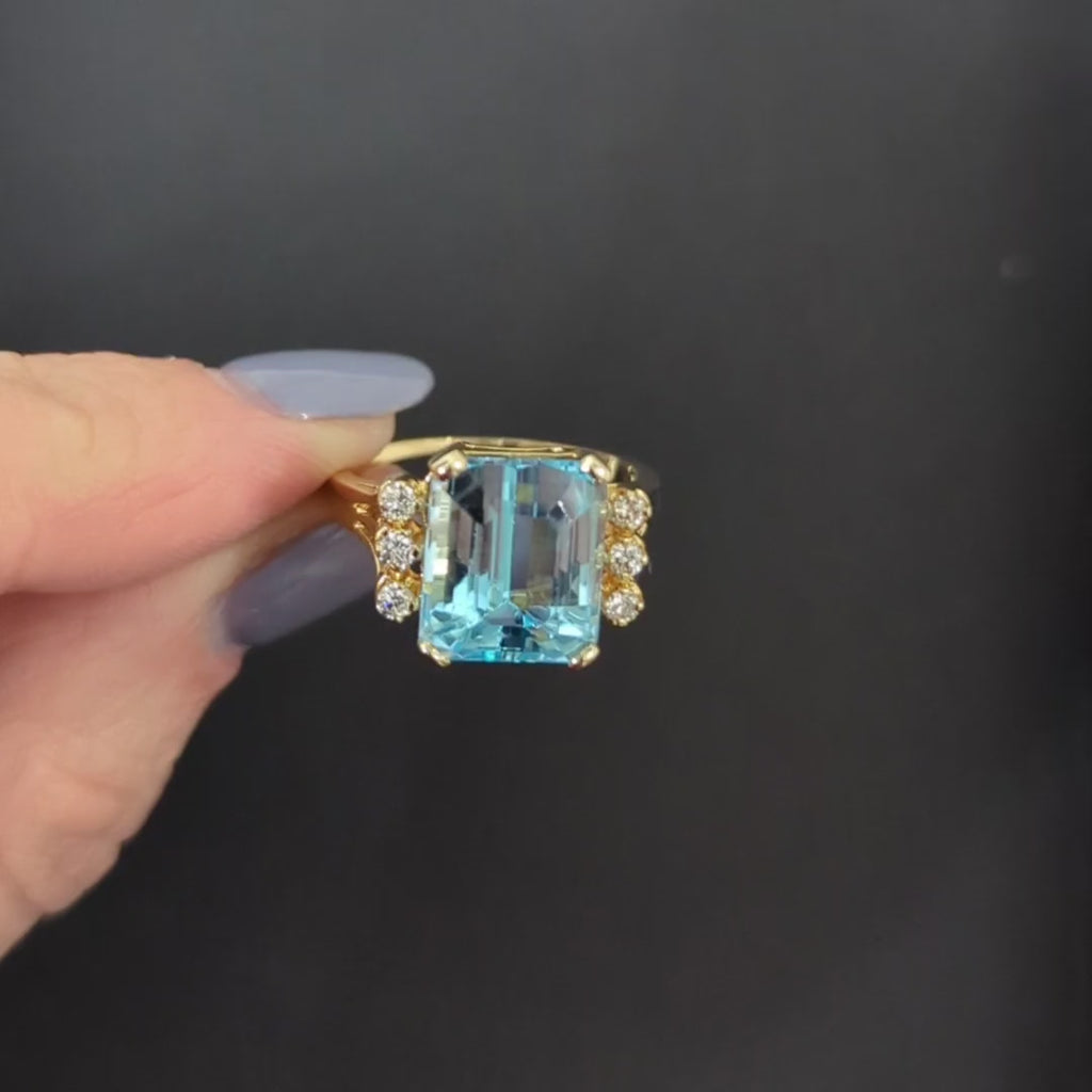 7.5ct BLUE TOPAZ DIAMOND COCKTAIL RING EMERALD CUT 14k YELLOW GOLD NATURAL BIG