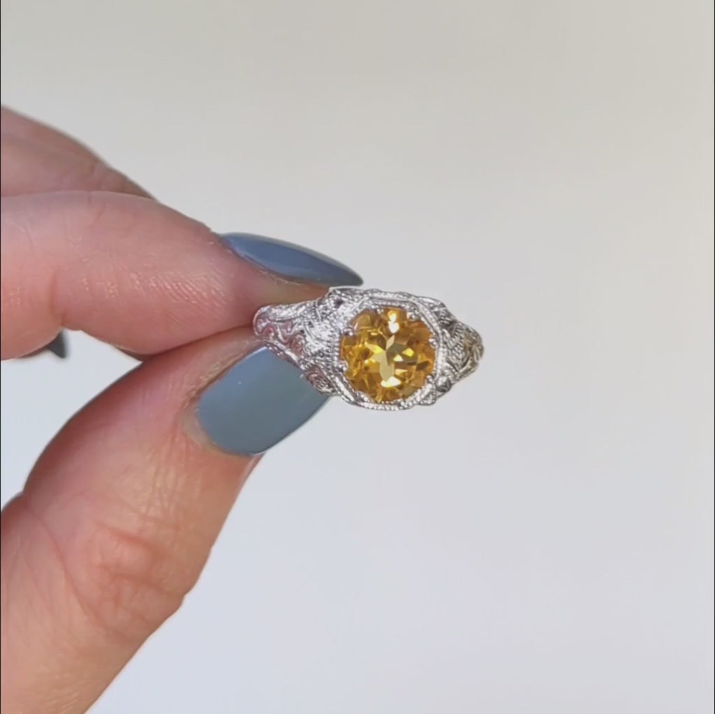 CITRINE VINTAGE STYLE COCKTAIL RING STERLING SILVER FILIGREE ART DECO YELLOW