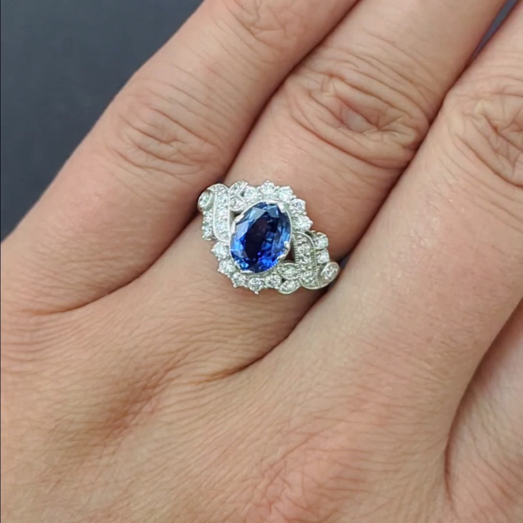 2.26ctw SAPPHIRE DIAMOND VINTAGE STYLE COCKTAIL RING OVAL CUT ENGAGEMENT NATURAL