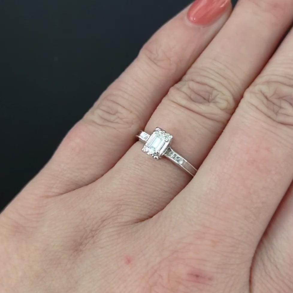 VINTAGE DIAMOND ENGAGEMENT RING E VS1 EMERALD CUT 14k WHITE GOLD NATURAL ESTATE