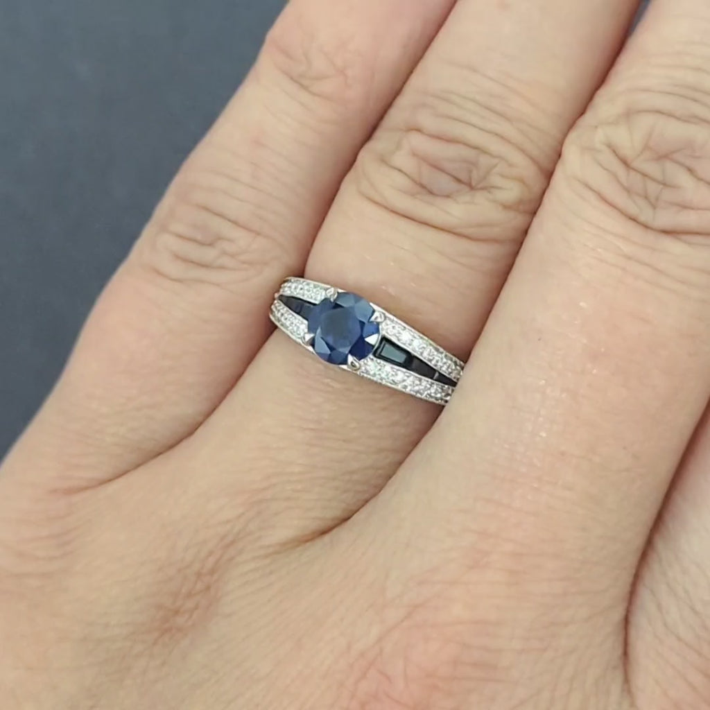 SAPPHIRE DIAMOND COCKTAIL RING 14k WHITE GOLD NATURAL ENGAGEMENT ROUND CALIBRE